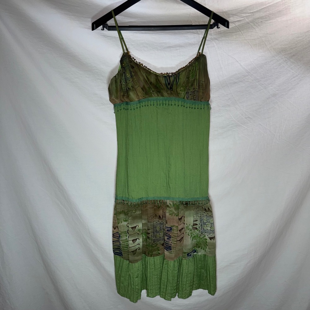 Rare Y2K Vintage Green Beaded Sequin Boho Fairycore Tiered Midi Dress Sz L